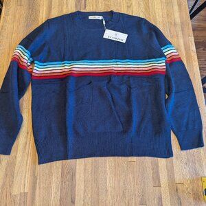 Navy Blue Crew Neck Sweater with Horizontal Rainbow Stripes Women's XL Ecowish